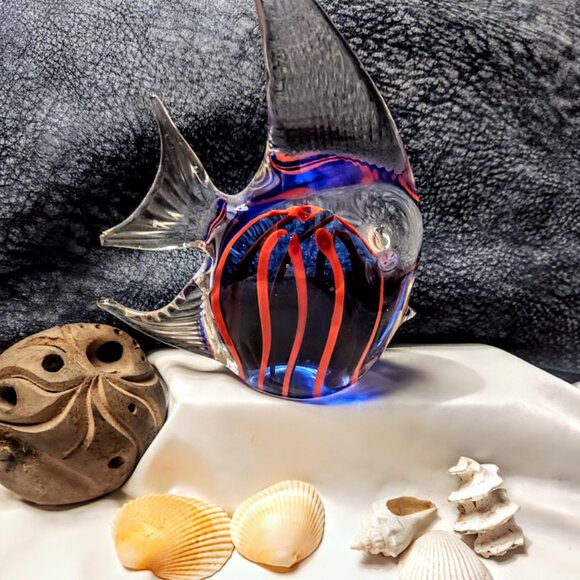 Vintage Blown Glass Cobalt Blue & Orange Striped Angel Fish Paperweight Figurine - Picture 1 of 3